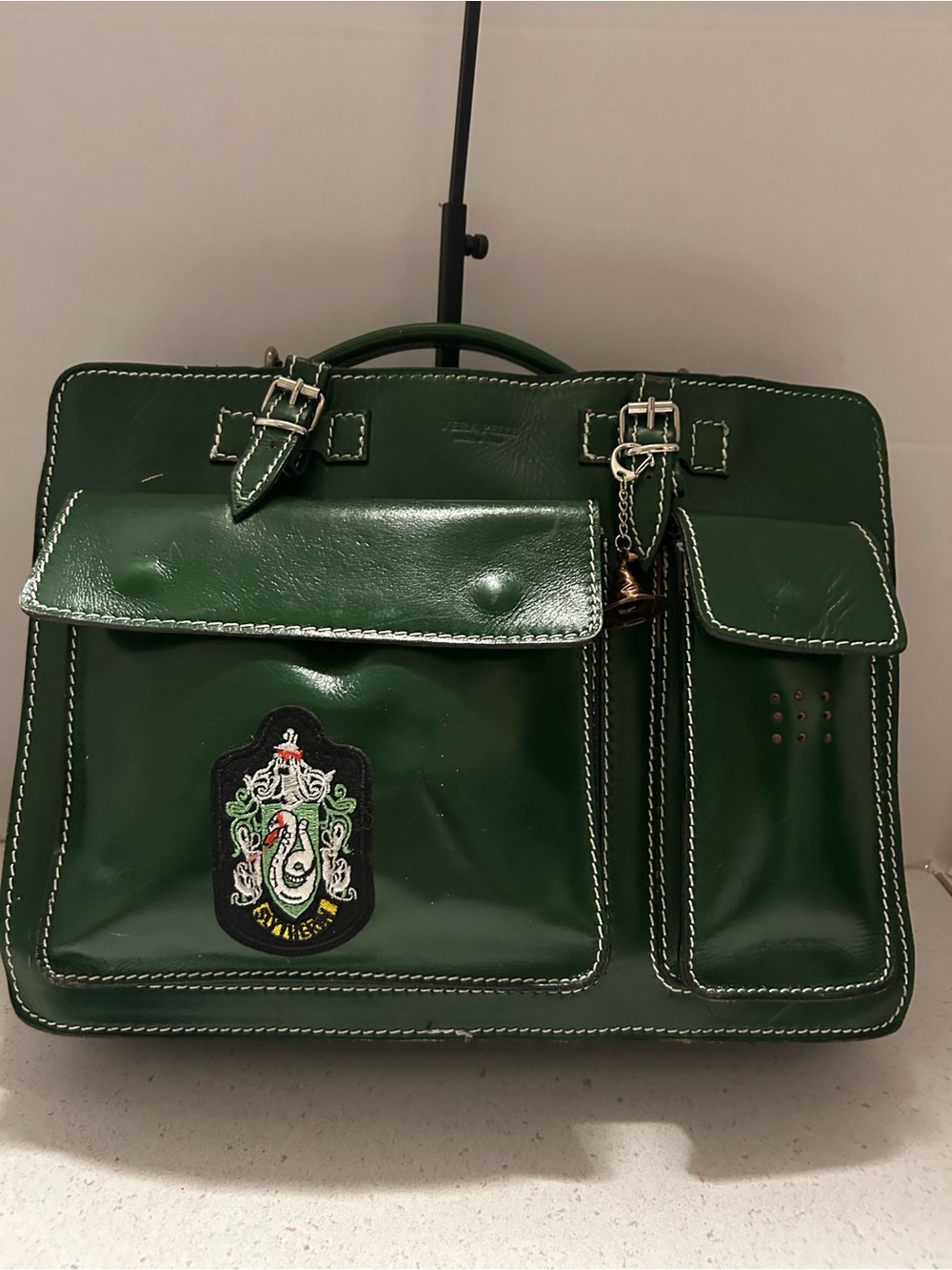 Green Leather Slytherin Satchel Bag with Embroidered Crest and Accessories